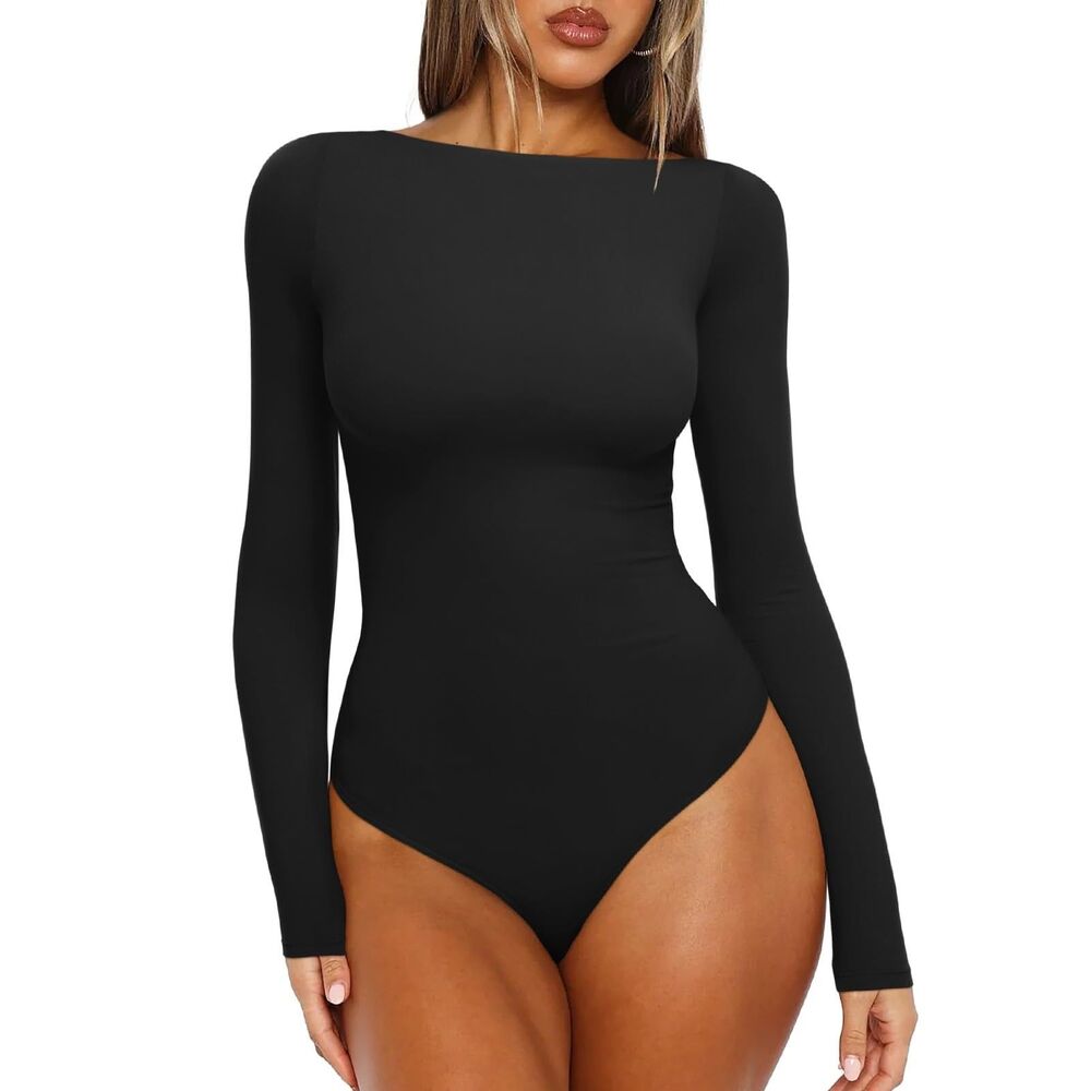 REORIA Black Boat Neck Long Sleeve Bodysuit | Y2K Sexy Going Out Top